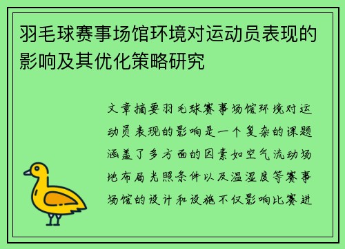 羽毛球赛事场馆环境对运动员表现的影响及其优化策略研究