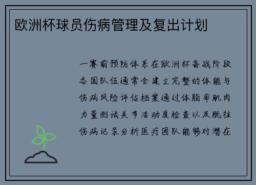 欧洲杯球员伤病管理及复出计划